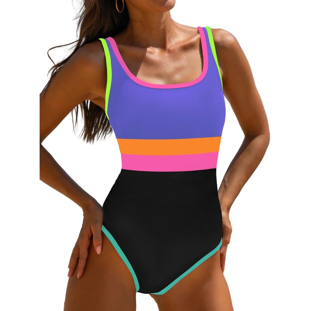 NWT Popvil One Piece Swimsuit Medium Purple Pink Neon Tummy Control Swim